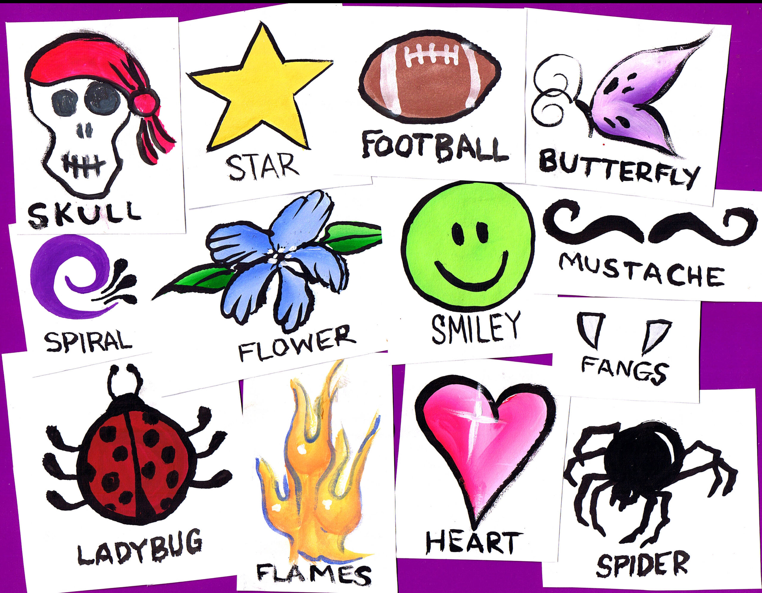 A menu of quick design options including flower, skull, football, butterfly, heart and more