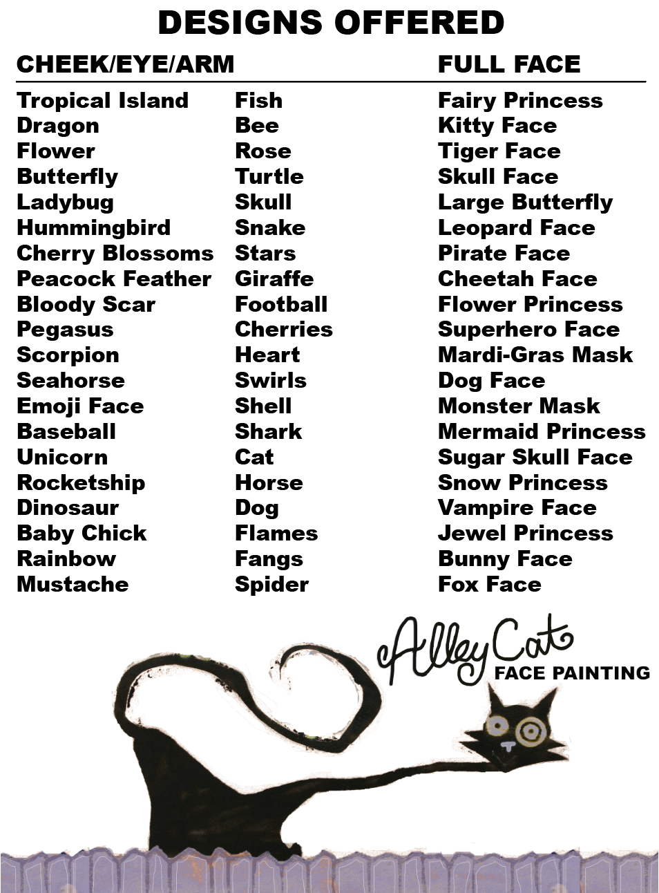 Full menu list for Alley Cat of over 50 designs offered
